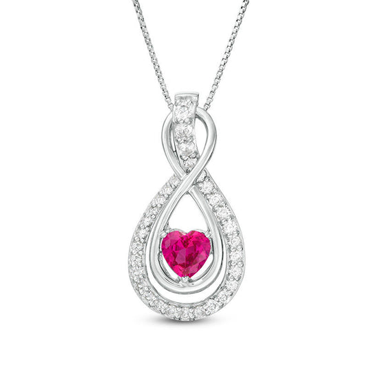 6.0mm Heart-Shaped Lab-Created Ruby and White Sapphire Infinity and Teardrop Three-in-One Pendant in Sterling Silver