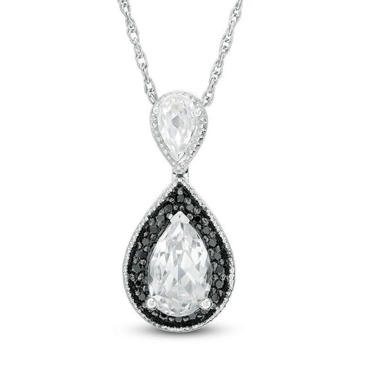 Pear-Shaped Lab-Created White Sapphire and 0.1 CT. T.W. Enhanced Black Diamond Frame Drop Pendant in Sterling Silver