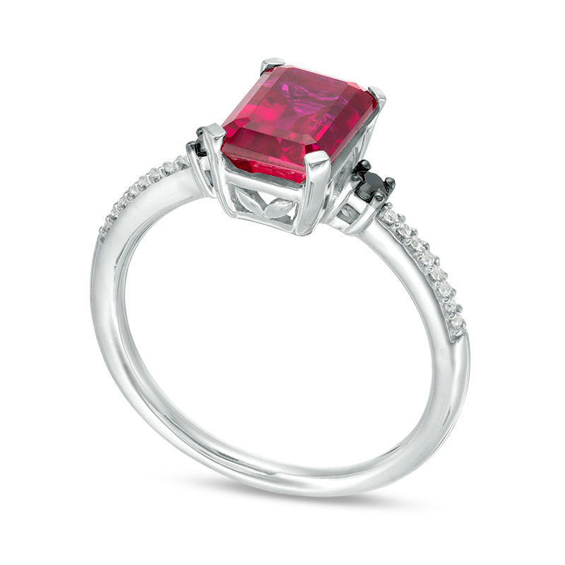 Emerald-Cut Lab-Created Ruby and 0.10 CT. T.W. Enhanced Black and White Diamond Ring in Solid 10K White Gold
