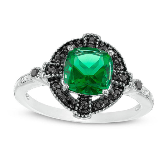 Lab-Created Emerald and 0.13 CT. T.W. Enhanced Black and White Diamond Gothic-Style Cross Frame Ring in Solid 10K White Gold