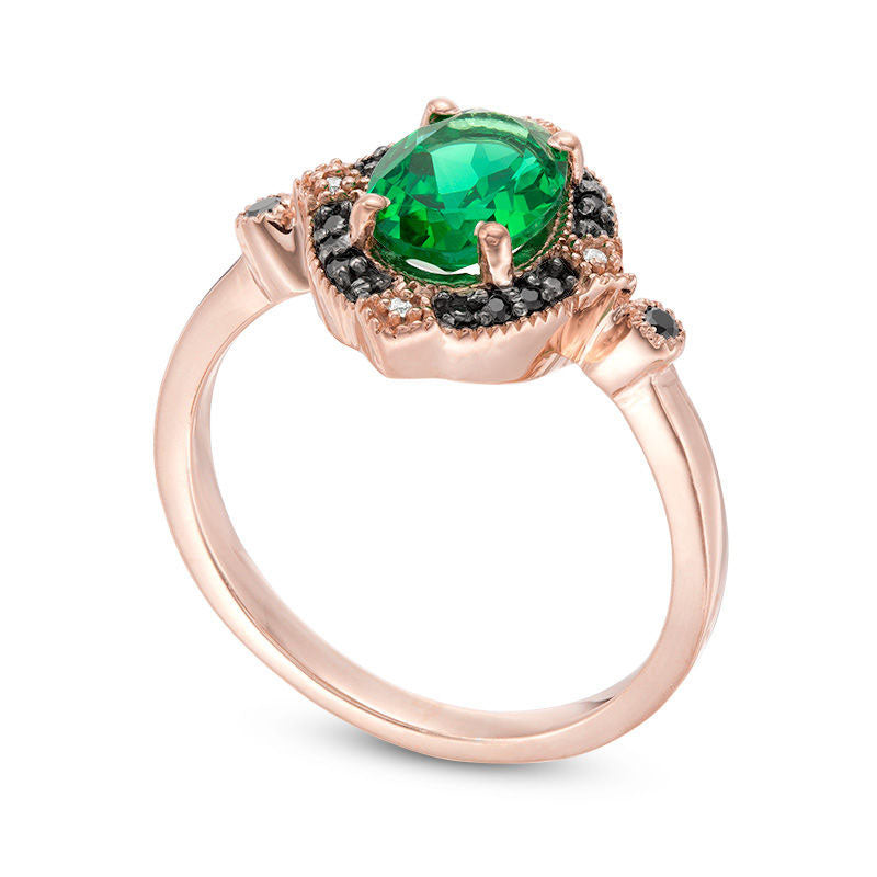Oval Lab-Created Emerald and 0.07 CT. T.W. Enhanced Black and White Diamond Antique Vintage-Style Ring in Solid 10K Rose Gold