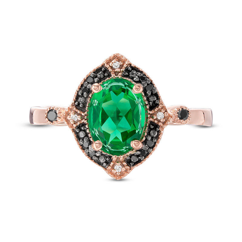 Oval Lab-Created Emerald and 0.07 CT. T.W. Enhanced Black and White Diamond Antique Vintage-Style Ring in Solid 10K Rose Gold