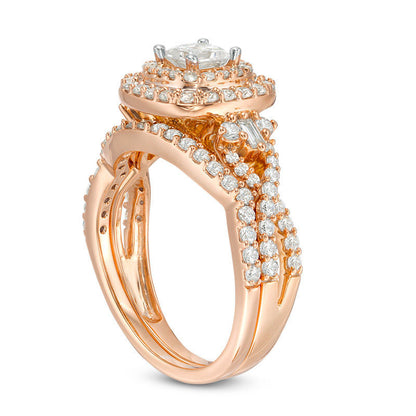 1.33 CT. T.W. Princess-Cut Natural Diamond Frame Tri-Sides Antique Vintage-Style Bridal Engagement Ring Set in Solid 14K Rose Gold