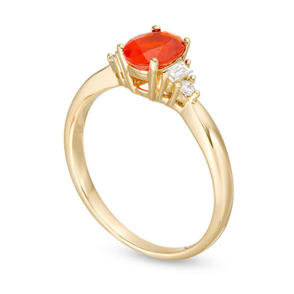 Oval Fire Opal and 0.10 CT. T.W. Baguette Natural Diamond Ring in Solid 14K Gold