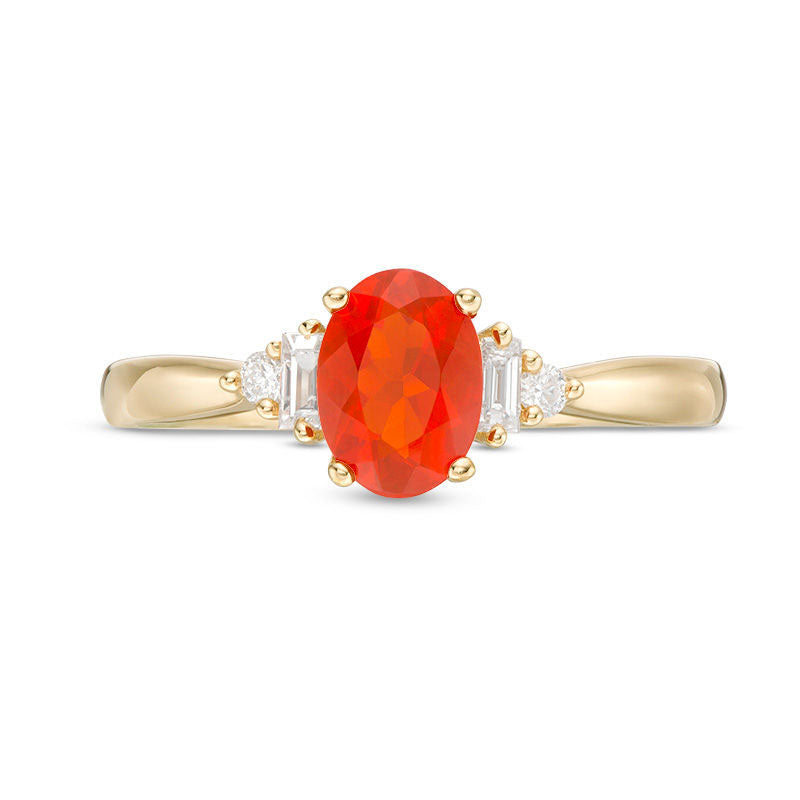 Oval Fire Opal and 0.10 CT. T.W. Baguette Natural Diamond Ring in Solid 14K Gold