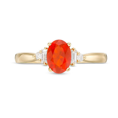 Oval Fire Opal and 0.10 CT. T.W. Baguette Natural Diamond Ring in Solid 14K Gold