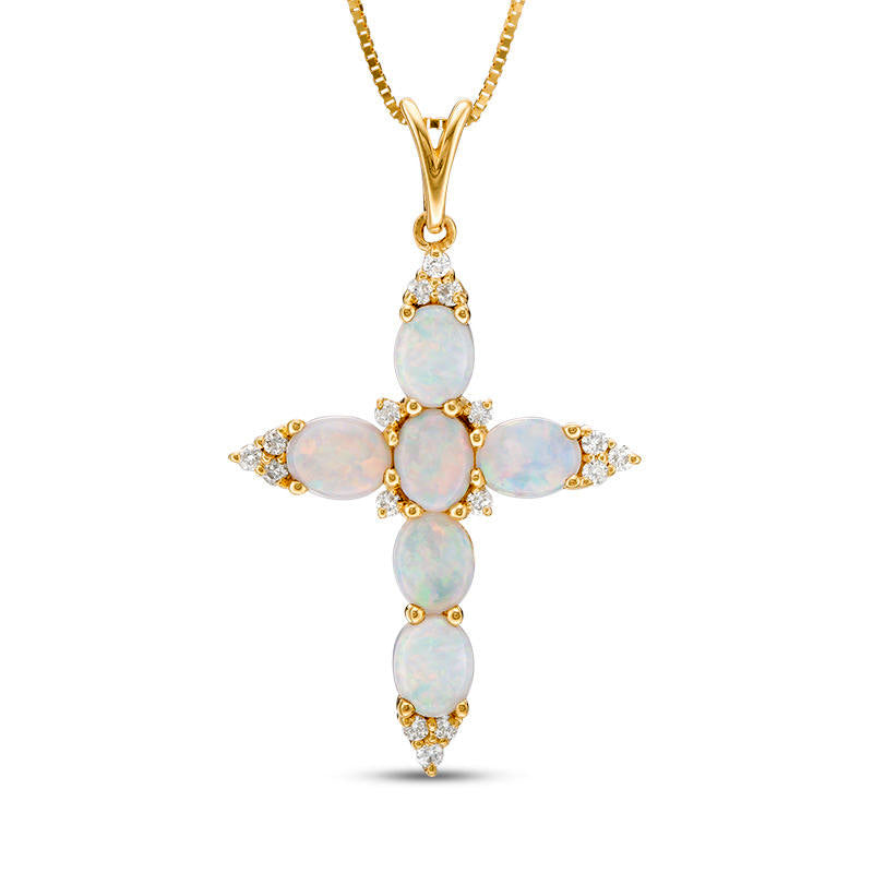 Oval Opal and 0.17 CT. T.W. Natural Diamond Trio Pointed Cross Pendant in 14K Gold