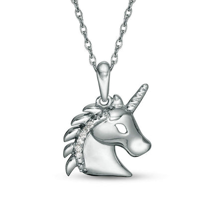 Natural Diamond Accent Profile Unicorn Head Pendant in Sterling Silver