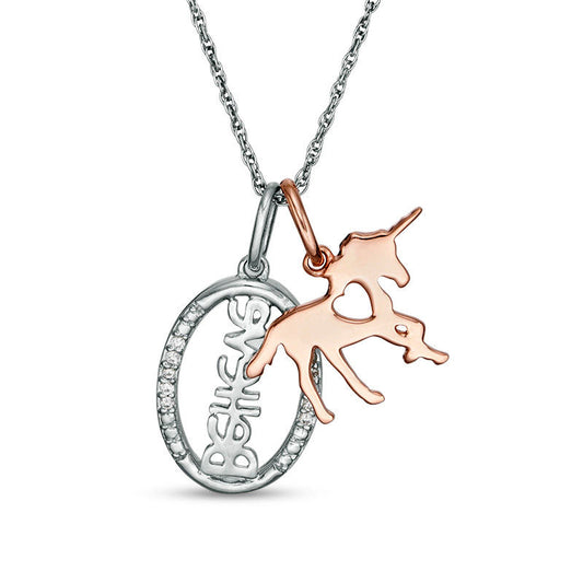 0.05 CT. T.W. Natural Diamond Unicorn and Oval "Believe" Charms Pendant in Sterling Silver and 10K Rose Gold Plate