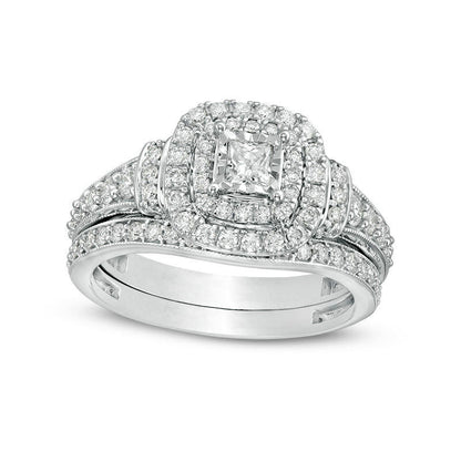 1.0 CT. T.W. Princess-Cut Natural Diamond Double Frame Collar Antique Vintage-Style Bridal Engagement Ring Set in Solid 10K White Gold