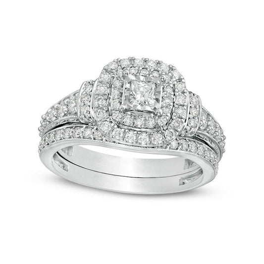 1.0 CT. T.W. Princess-Cut Natural Diamond Double Frame Collar Antique Vintage-Style Bridal Engagement Ring Set in Solid 10K White Gold