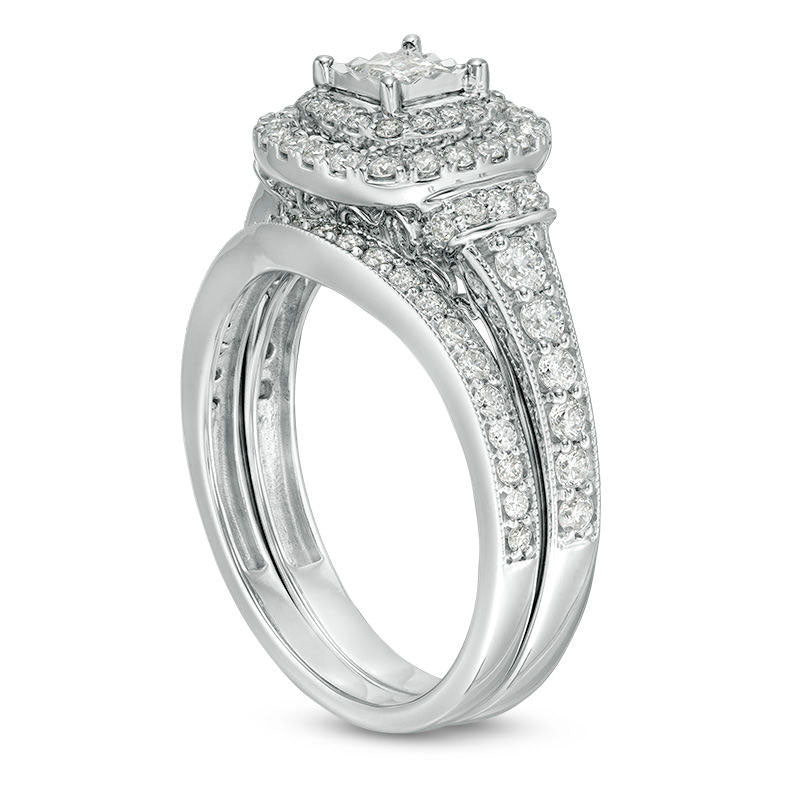 1.0 CT. T.W. Princess-Cut Natural Diamond Double Frame Collar Antique Vintage-Style Bridal Engagement Ring Set in Solid 10K White Gold