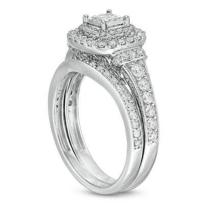 1.0 CT. T.W. Princess-Cut Natural Diamond Double Frame Collar Antique Vintage-Style Bridal Engagement Ring Set in Solid 10K White Gold