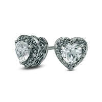 5.0mm Heart-Shaped Lab-Created White Sapphire and Diamond Accent Bead Frame Stud Earrings in Sterling Silver