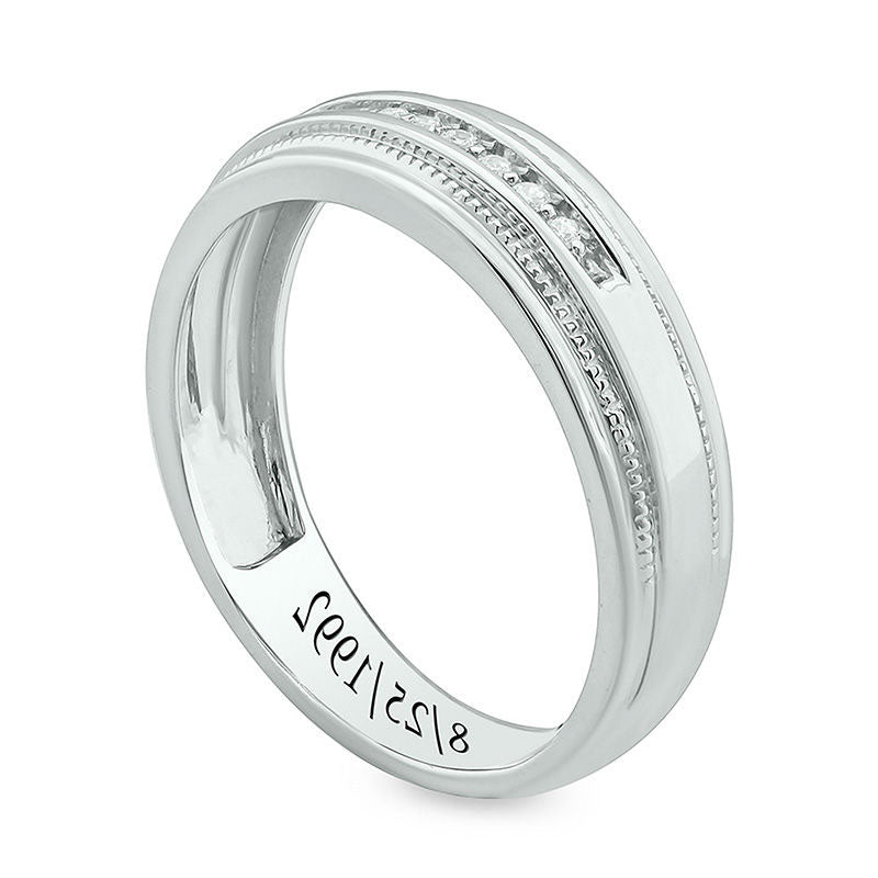 Men's 0.07 CT. T.W. Natural Diamond Milgrain Stepped Edge Engravable Wedding Band in Sterling Silver (1 Line)