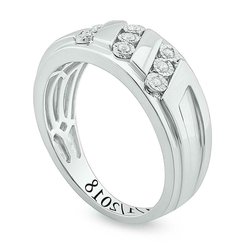 Men's 0.10 CT. T.W. Natural Diamond Triple Row Slant Engravable Wedding Band in Sterling Silver (1 Line)