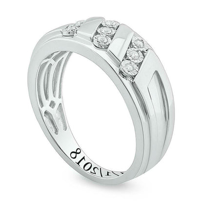 Men's 0.10 CT. T.W. Natural Diamond Triple Row Slant Engravable Wedding Band in Sterling Silver (1 Line)