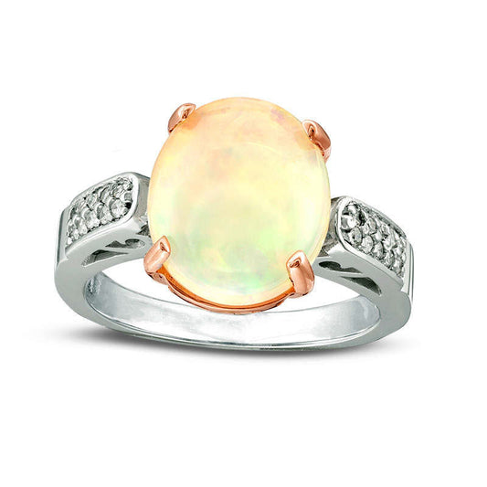 Oval Opal and 0.10 CT. T.W. Natural Diamond Bead Shank Ring in Solid 10K Two-Tone Gold