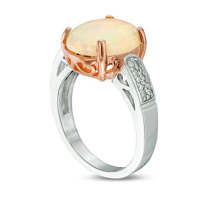 Oval Opal and 0.10 CT. T.W. Natural Diamond Bead Shank Ring in Solid 10K Two-Tone Gold