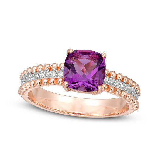 7.0mm Cushion-Cut Amethyst and 0.10 CT. T.W. Natural Diamond Beaded Border Shank Ring in Solid 10K Rose Gold