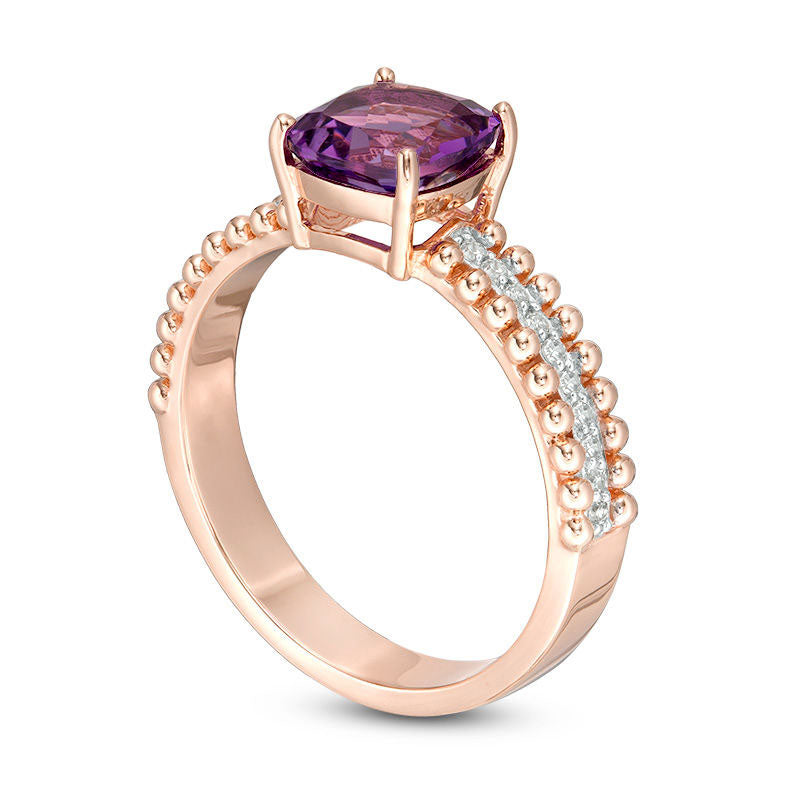 7.0mm Cushion-Cut Amethyst and 0.10 CT. T.W. Natural Diamond Beaded Border Shank Ring in Solid 10K Rose Gold