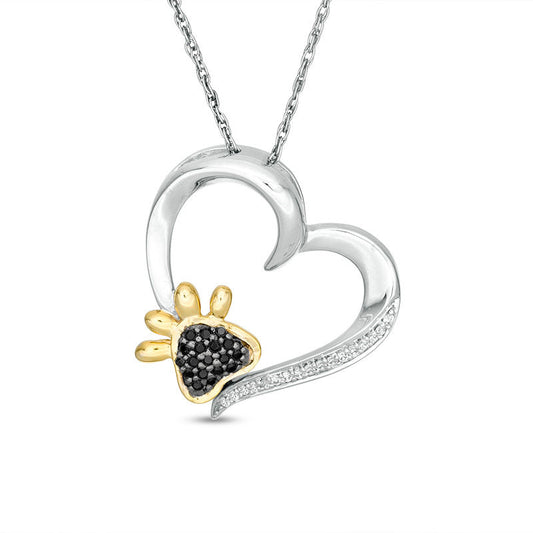 0.13 CT. T.W. Enhanced Black and White Natural Diamond Paw Print Heart Pendant in Sterling Silver and 10K Yellow Gold