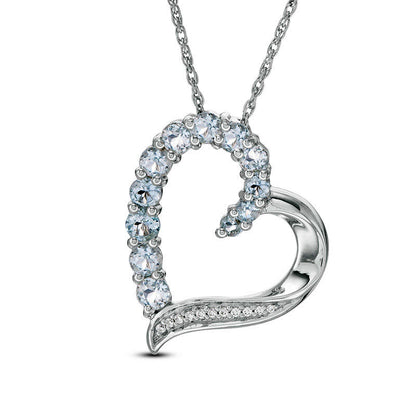 Aquamarine and Natural Diamond Accent Tilted Heart Pendant in Sterling Silver