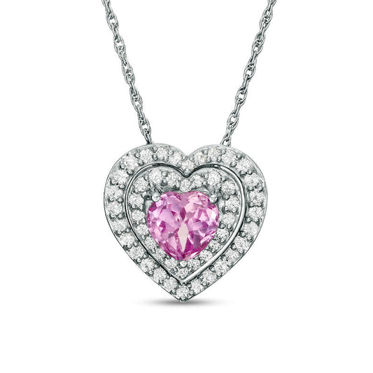 Lab-Created Pink and White Sapphire Double Frame Heart Pendant in Sterling Silver