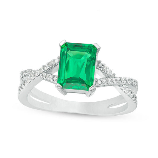 Emerald-Cut Lab-Created Emerald and 0.10 CT. T.W. Diamond Criss-Cross Split Shank Ring in Solid 10K White Gold