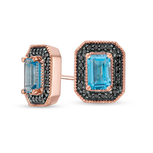 Emerald-Cut Blue Topaz and 0.25 CT. T.W. Enhanced Black Diamond Frame Vintage-Style Stud Earrings in 10K Rose Gold