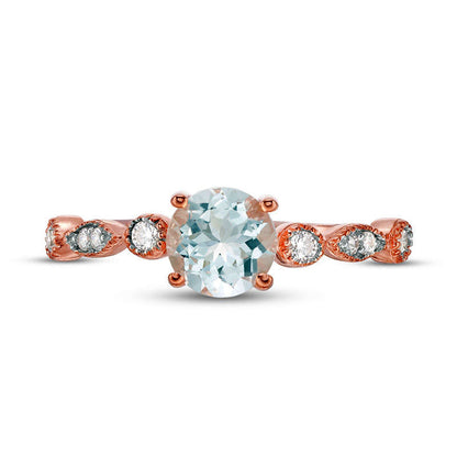 6.0mm Aquamarine and 0.10 CT. T.W. Natural Diamond Antique Vintage-Style Ring in Solid 10K Rose Gold