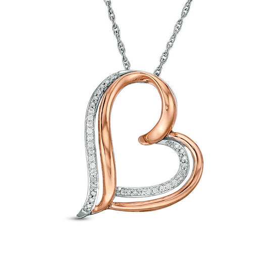 0.05 CT. T.W. Natural Diamond Tilted Double Heart Pendant in Sterling Silver and 10K Rose Gold