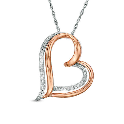 0.05 CT. T.W. Natural Diamond Tilted Double Heart Pendant in Sterling Silver and 10K Rose Gold