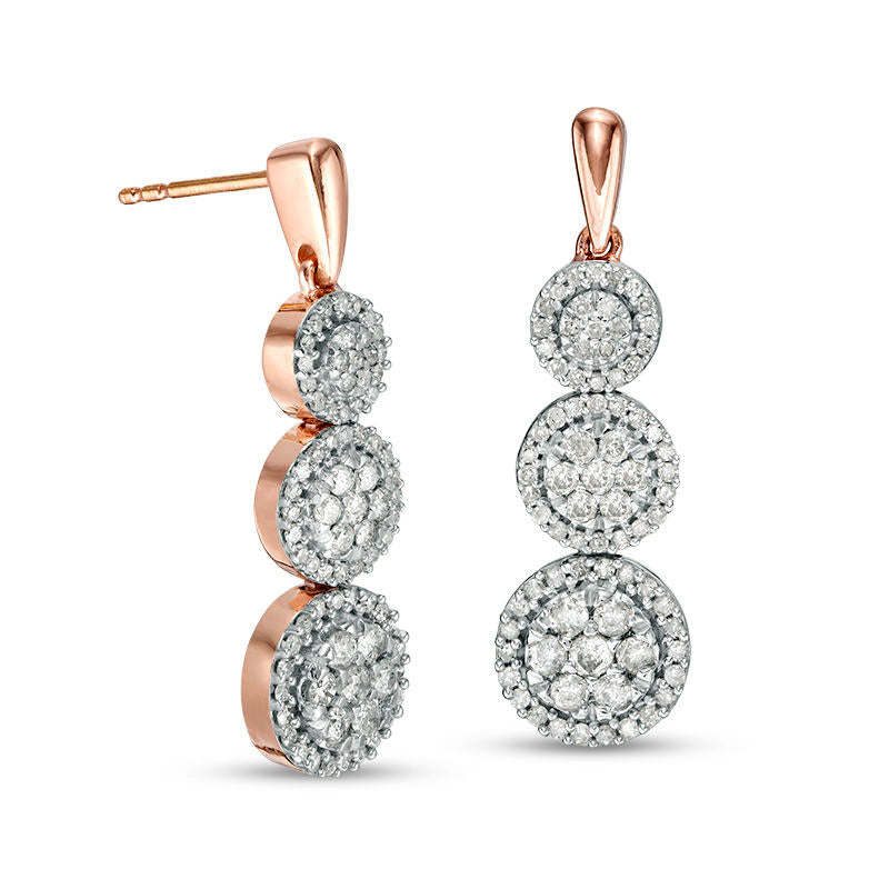 1 CT. T.W. Composite Diamond Frame Three-Stone Drop Earrings in 10K Rose Gold