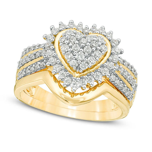 0.63 CT. T.W. Composite Natural Diamond Sunburst Heart Frame Multi-Row Bridal Engagement Ring Set in Sterling Silver with Solid 14K Gold Plate