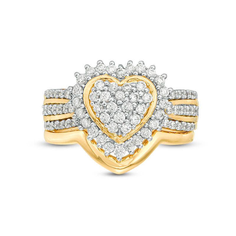 0.63 CT. T.W. Composite Natural Diamond Sunburst Heart Frame Multi-Row Bridal Engagement Ring Set in Sterling Silver with Solid 14K Gold Plate