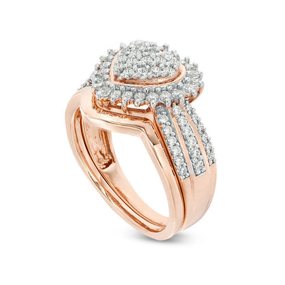 0.63 CT. T.W. Composite Natural Diamond Sunburst Heart Frame Multi-Row Bridal Engagement Ring Set in Sterling Silver with Solid 14K Rose Gold Plate