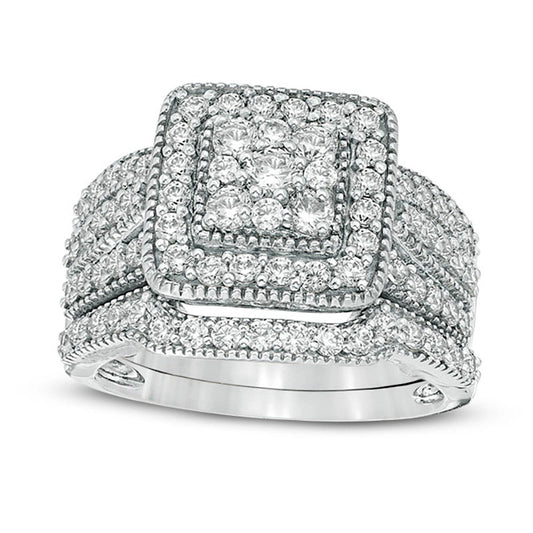 1.25 CT. T.W. Composite Natural Diamond Square Frame Antique Vintage-Style Multi-Row Bridal Engagement Ring Set in Solid 10K White Gold