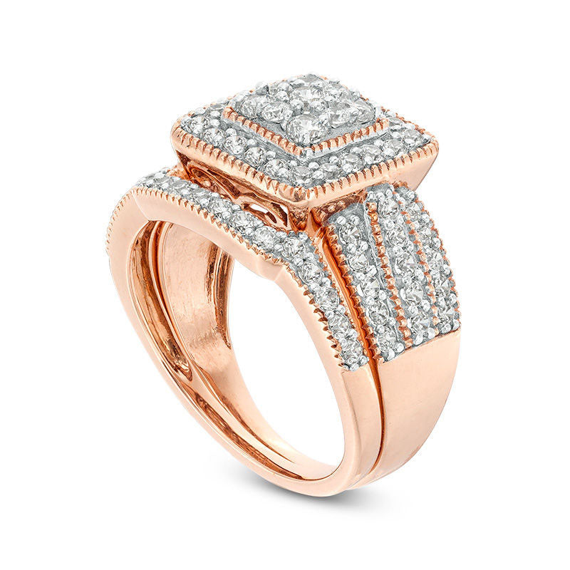 1.25 CT. T.W. Composite Natural Diamond Square Frame Antique Vintage-Style Multi-Row Bridal Engagement Ring Set in Solid 10K Rose Gold