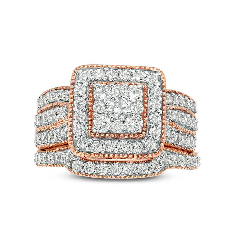 1.25 CT. T.W. Composite Natural Diamond Square Frame Antique Vintage-Style Multi-Row Bridal Engagement Ring Set in Solid 10K Rose Gold