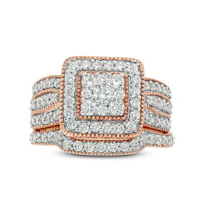 1.25 CT. T.W. Composite Natural Diamond Square Frame Antique Vintage-Style Multi-Row Bridal Engagement Ring Set in Solid 10K Rose Gold