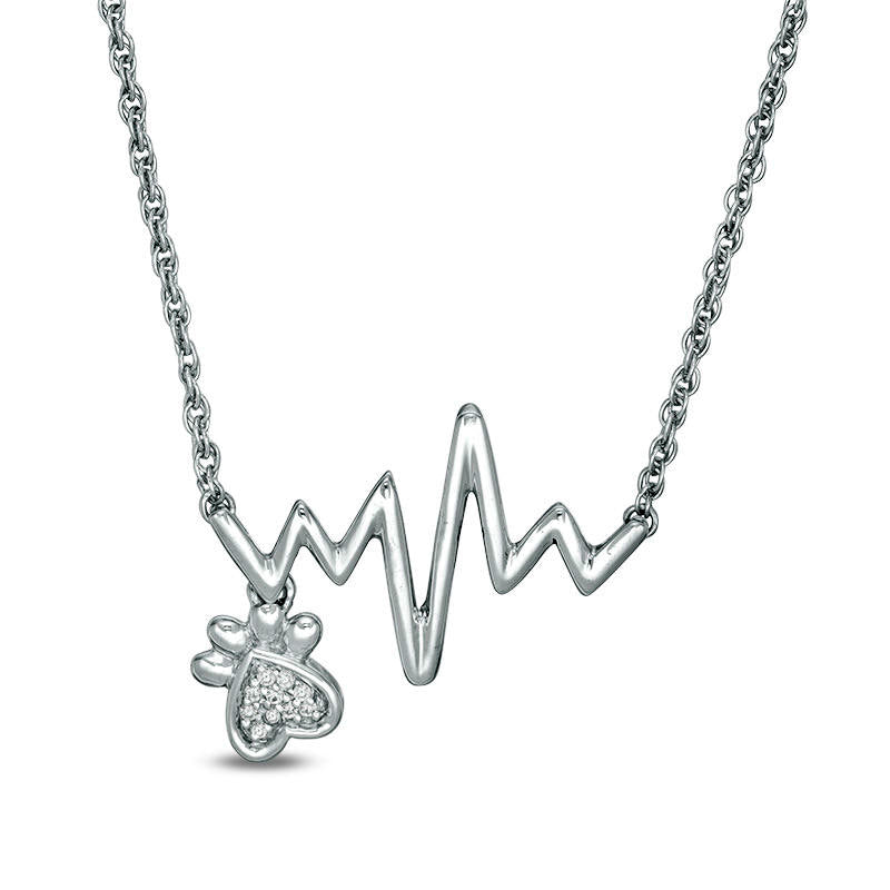 Natural Diamond Accent Heartbeat and Paw Print Dangle Necklace in Sterling Silver
