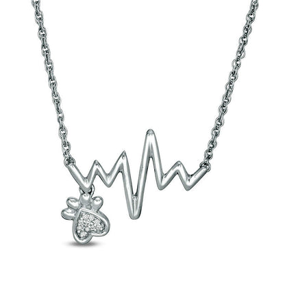 Natural Diamond Accent Heartbeat and Paw Print Dangle Necklace in Sterling Silver