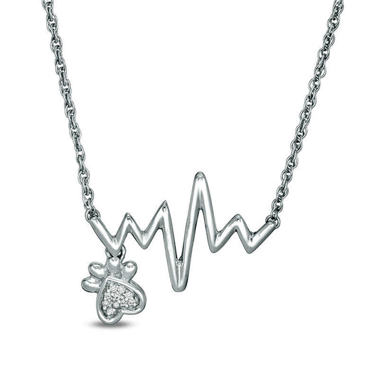 Natural Diamond Accent Heartbeat and Paw Print Dangle Necklace in Sterling Silver