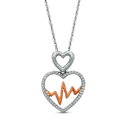 0.17 CT. T.W. Natural Diamond Double Heart and Heartbeat Pendant in Sterling Silver and 10K Rose Gold