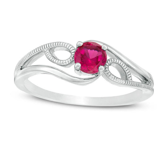 4.0mm Lab-Created Ruby Solitaire Textured Loop Bypass Split Shank Promise Ring in Sterling Silver