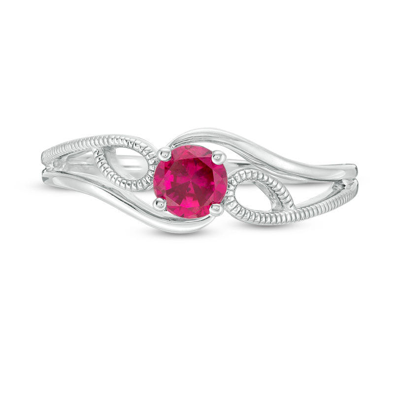 4.0mm Lab-Created Ruby Solitaire Textured Loop Bypass Split Shank Promise Ring in Sterling Silver