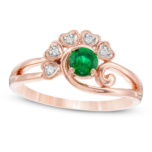 4.0mm Lab-Created Emerald and Diamond Accent Heart Frame Swirling Split Shank Promise Ring in Solid 10K Rose Gold