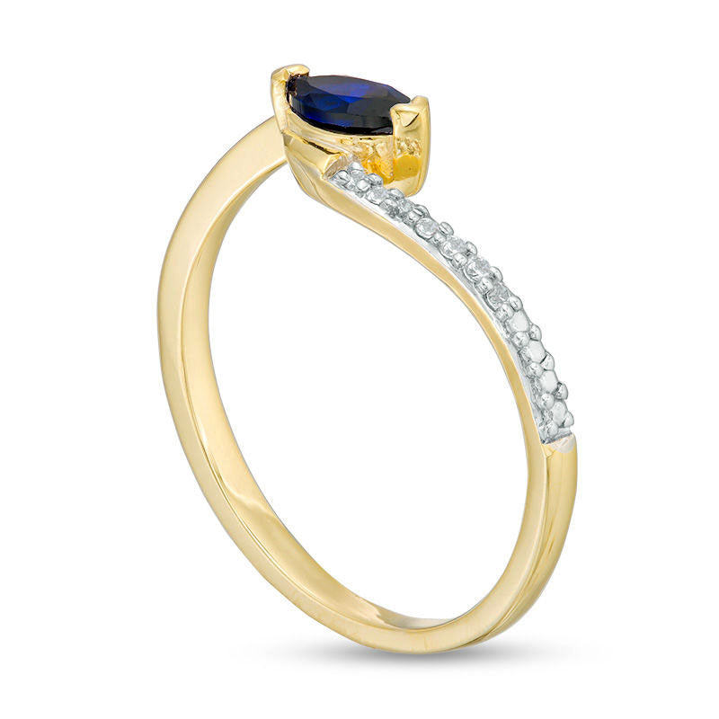 Sideways Marquise Lab-Created Blue Sapphire and Diamond Accent Bypass Promise Ring in Solid 10K Yellow Gold