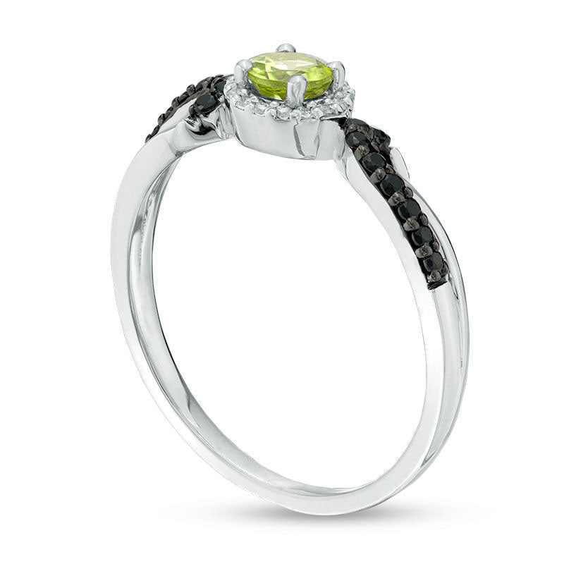 4.0mm Peridot and 0.17 CT. T.W. Enhanced Black and White Natural Diamond Frame Crossover Loop Promise Ring in Solid 10K White Gold